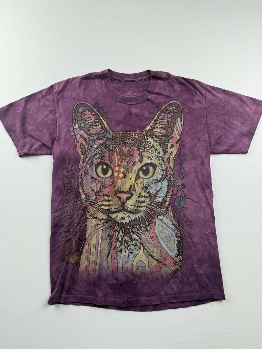 The Mountain Shirt Mens Medium Purple Colorful Cat Art Graphic Tee Tie Dye